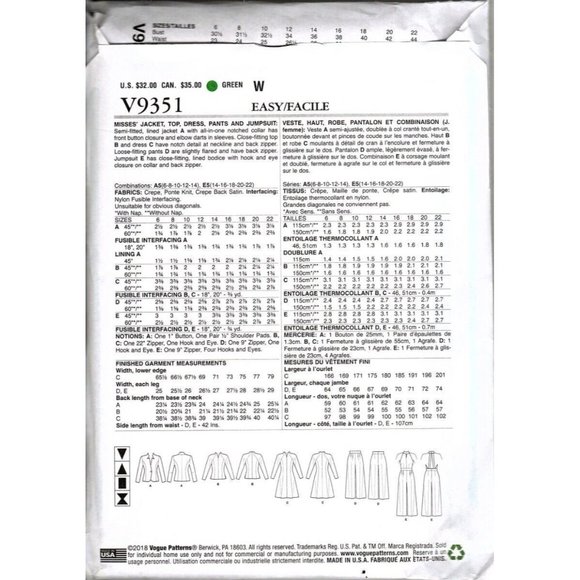 Vogue V9351 Misses 6 to 14 Jacket, Pants, Dress, Top and Jumpsuit Sewing Pattern - Picture 2 of 2